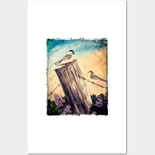 Chickadees on a Fence Post Posters and Art
